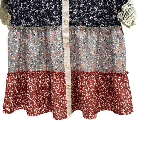 Vintage-Inspired Womens Floral Patchwork Tiered Layered Tunic Top Lace Trim Boho - Picture 12 of 13
